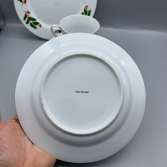Set of White with Green Holly and Red Berries Cup & Saucer and 2 Dessert Plates - Picture 2 of 9